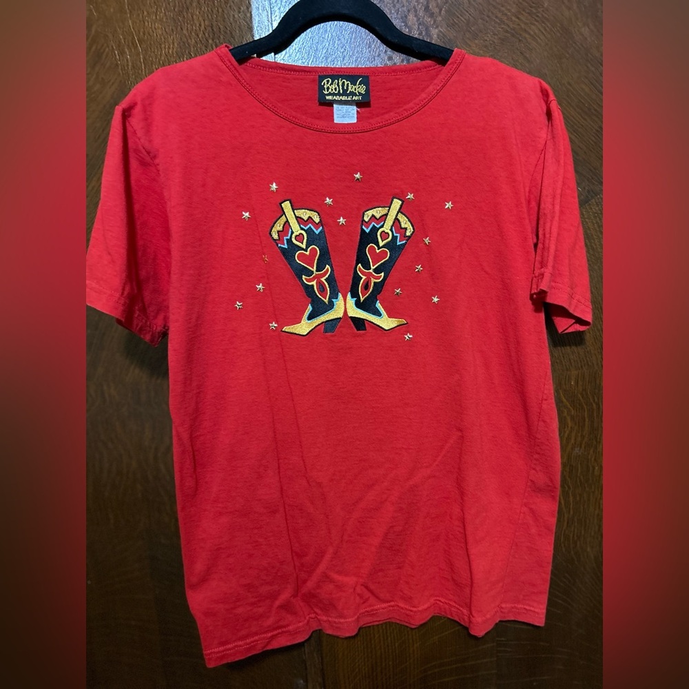 Bob Mackie Red T-Shirt with embroidered cowgirl boots size small
